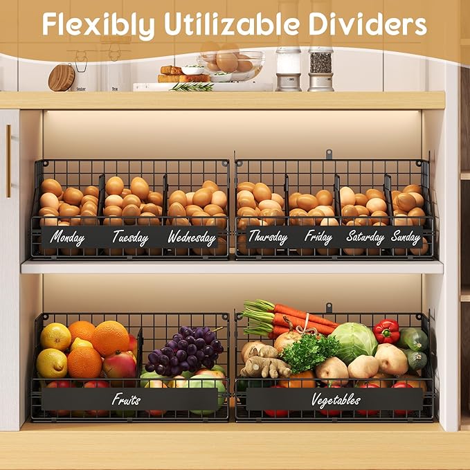 keomaisyto Egg Holder Countertop with 5 Dividers & DIY Labels to Separate Eggs, 2-Tier Stackable Wire Baskets, XXL Egg Basket for Gathering Fresh Eggs - Egg Organizer for Wall-Mounted(Patent Pending)