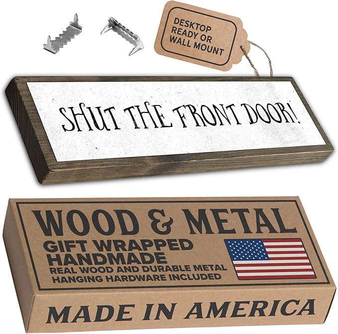 Wood & Metal Southern Sign – Weatherproof Indoor Outdoor Wall Decor – Rustic Charm with "Shut The Front Door" – Gift-Wrapped & Ready to Give