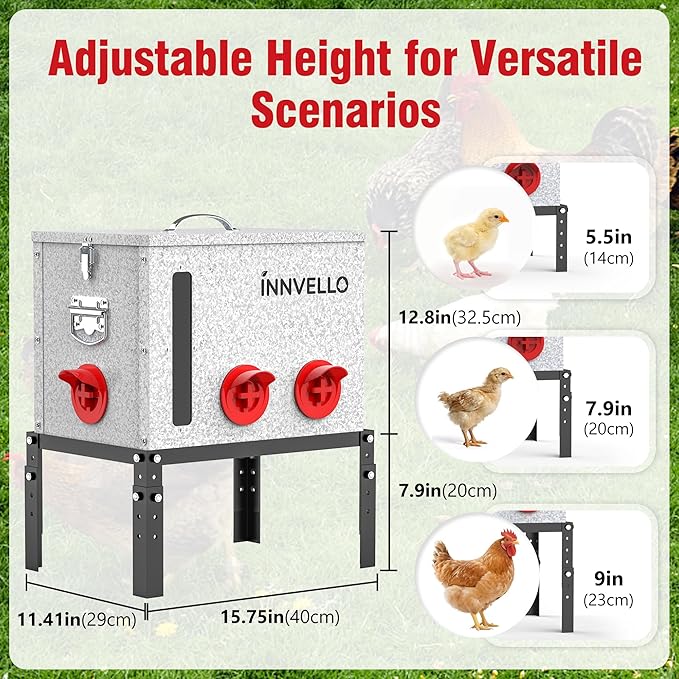 40LB Metal Chicken Feeder for Outdoor Coop, Galvanized Automatic Poultry Feeder with 6 Ports, Double Viewing Windows, Weatherproof Large Chicken Feed Container with Lid & Legs
