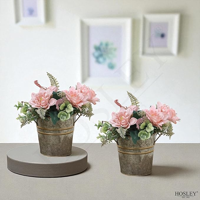 Hosley Set of 6 Metal Vases with Zinc Finish 5" Dia x 5" H Ideal Gift for Wedding Special Occasion Home Office Dried Floral Arrangements
