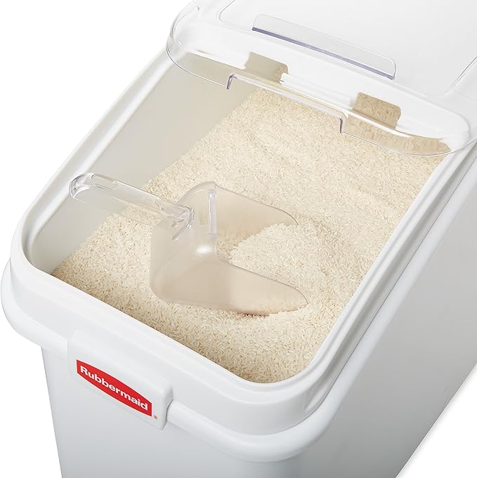 Rubbermaid Commercial Products ProSave Shelf-Storage Ingredient Bin With Scoop 500-Cup capacity Plastic White Sliding Lid Container with Wheels for Kitchen/Restaurant Food Organization