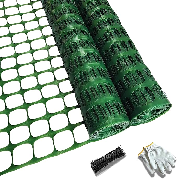 PotatoLife Plastic Mesh Fence Safety Fence, 2 Roll 4'x100' with 100 Zip Ties, Resuable Temporary Netting for Garden Fencing, Construction, Snow Fencing, Animal Barrier, Poultry, Deer, Patio, Green