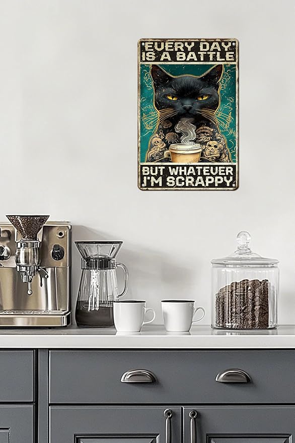 Vintage Black Cat Metal Sign Black Cat Every Day Is A Battle Novelty Metal Poster Home Kitchen Bathroom Aluminium Sign Art Wall Decor 12x8 Inch