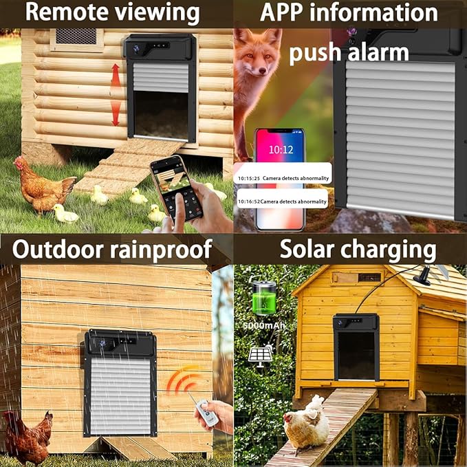 Automatic Chicken Coop Door with WiFi & 1080P Camera - Solar/USB Powered Smart Roll-Up Door, 5000mAh Battery, Anti-Pinch, Security Alarm, App Control for Poultry Safety