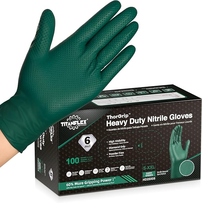 TitanFlex Heavy Duty Industrial Nitrile Gloves with Raised Diamond Texture, 6-mil, Latex Free (Dark Green/Yellow)