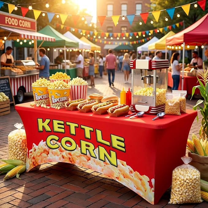Oudain 6 ft Kettle Corn Stand Tablecloth Elastic Spandex Popcorn Rectangle Table Cover Kettle Corn Banner Sign Table Cloth for Business Advertising Carnivals Party Outdoor Concession Stand