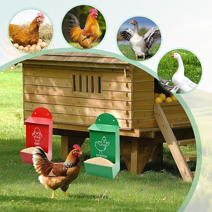 2Pcs Large Chicken Grit and Oyster Shell Feeder for Hens Metal Chicken Feeder with Covers Hanging Poultry Feeders Rainproof Chicken Coop Accessories