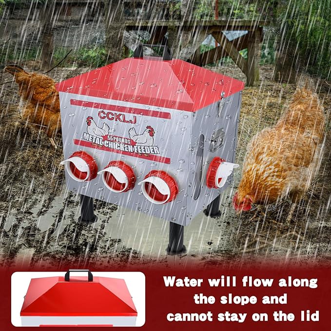 55 LBS Automatic Chicken Feeder with Large View Window, 8 Anti-Waste Feed Ports, Adjustable Secure Lid for Poultry Feed Storage