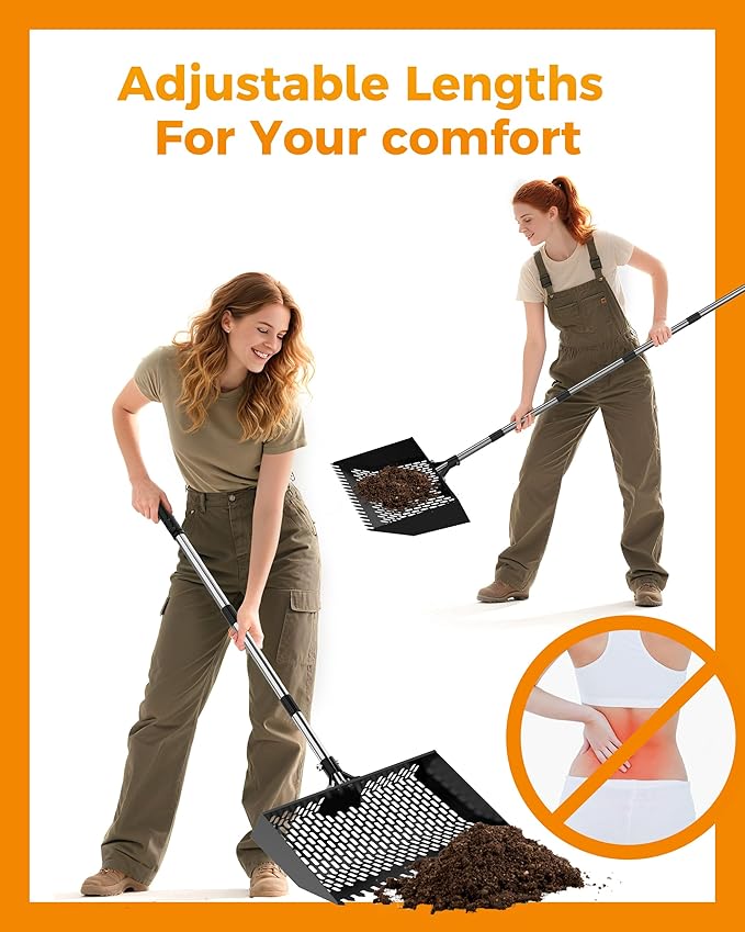 15 inches Large Chicken Poop Scooper & Rake 2-in-1, Adjustable Chicken Coop Pooper Shovel (37 to 77"), Sifting Litter Shovel Scoop for Chicken Coop/Goat Stall/Stable Cleaning Tool