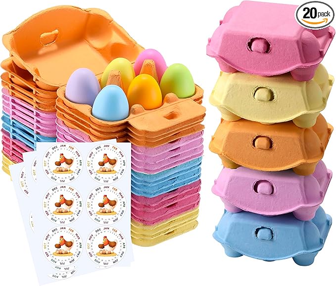 Half Dozen Colored Egg Cartons 20 Pack, Natural Pulp Paper Egg Cartons 6 Count for Chicken Eggs Reusable, Blank Colorful Easter Toy Color Storage Tray for Holds Up to Six 6 Egg Holder Basket Cardboard
