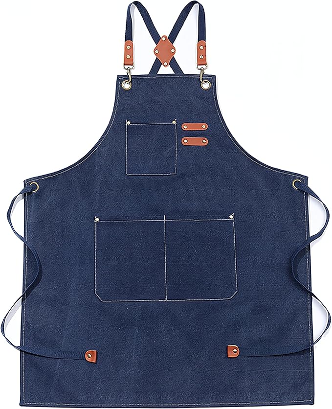 Multi-Pocket Waterproof Oil-Proof Canvas Cotton Apron Cross-Back Adjustable Straps For Chefs Barbers Carpenters