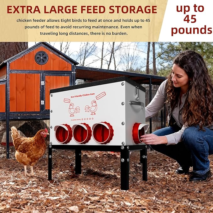Automatic Chicken Feeder No Waste 50 Pounds 8 Ports Metal Poultry Feeder with Latch & Handle Adjustable Height Heavy-Duty Stand - Outdoor Feeding Station for Chickens, Ducks & Geese(Black-50LB-8Port)