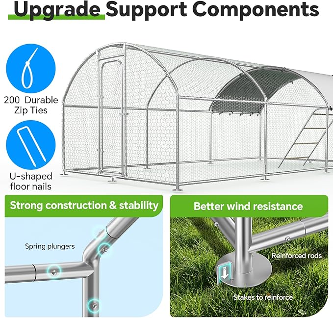 Large Metal Chicken Coop with Weatherproof Canopy for Farm and Backyard Animals Including Chickens, Ducks, and Rabbits (10’ W x 19.7’ L x 6.4’ H, Dome Roof-Roosting Perch)