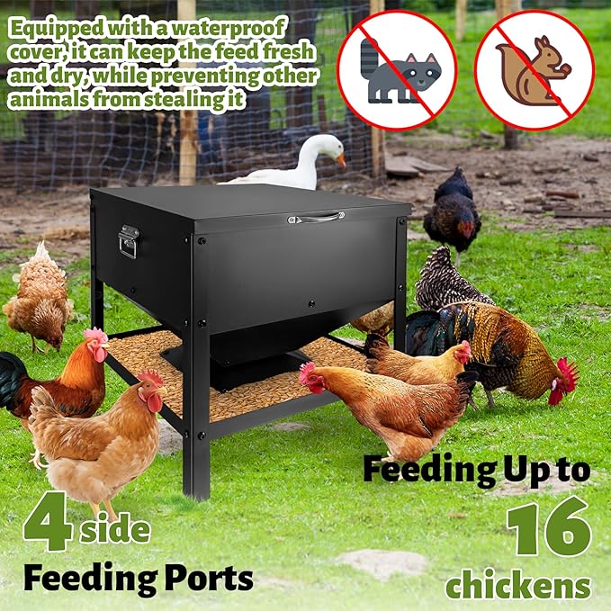 All Metal Chicken Feeder 80LB No Waste Automatic Chicken Feeder Galvanized Steel Chicken Feeding Box Portable Poultry Feeder with Waterproof Lid and Handle for Chickens Ducks and Goose