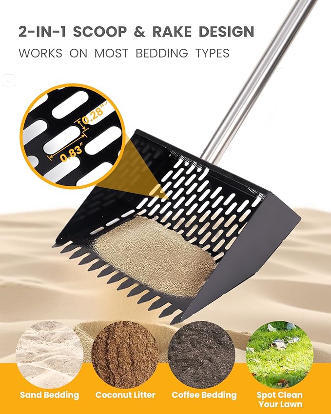 Chicken Poop Scooper & Rake 2-in-1 with Ergonomic Grip, Adjustable Length (22"–61.5"), Metal Sifting Shovel with Holes for Chicken Coop Cleaning, Multifunctional Chicken Manure Scoop
