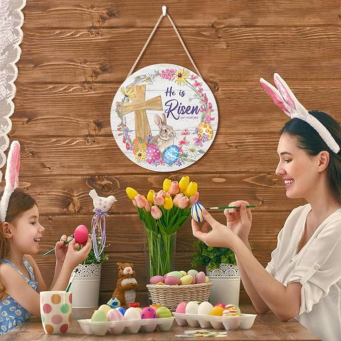 CHDITB Easter Religious Wooden Sign, He is Risen Christian Wooden Hanging Plaque,Bunny Easter Eggs Door Hanger, Easter Holiday Decor, Easter Floral Wreath Wall Art Sign Hanger for Easter Party