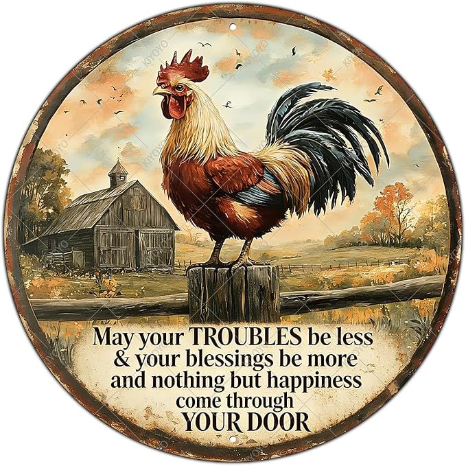 Rooster Kitchen Wall Decor Round Chicken Metal Signs Farm Rooster Crowing Sign Welcome To My Mother Kitchen Home Fence Wall Decor Vintage Chicken Coop Tin Poster 12 Inch