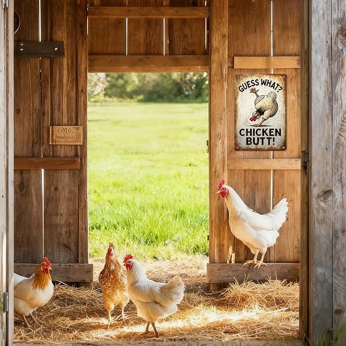 Funny Chicken Metal Decor Sign Vintage Metal Tin Sign Wall Art Decor Guess What Chicken Butt Chicken Coop Signs for Outdoor Decorations Gifts for Women and Hen Lovers 8 X 12 Inch