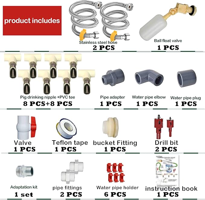 Complete Set Pipeline Stainless Steel Pig Waterer System,Pig Waterer Nipples with Water Tank Connector,Automatic Pig Nipple Water Drinker,Pig Nozzle Nipple Drinker,Pig Water Nipple for Hog Piglet Goat