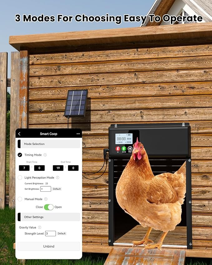 2025 Upgraded Solar Powered Automatic Chicken Door, WiFi Remote Control Chicken Coop Door, with LCD Display & Timer & Light Sensor, Chicken Door with Anti-Pinch Design