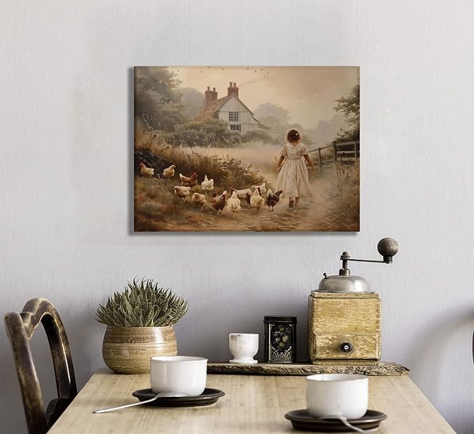 Girl Farmhouse Wall Art Chicken Farm Canvas Rustic Country Poster Brown Chickens Picture Vintage Countryside Female Print Artwork Painting Farm House Wall Decor For Bedroom Living Room Framed