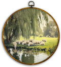CUANFDDSF Rustic Farmhouse Sheep Round Wall Art, Retro Countryside Landscape Cottagecore Framed Hanging Wall Decor, Country Farm Life Animal Canvas Prints Decorations for Home Living Room, 10x10 Inch