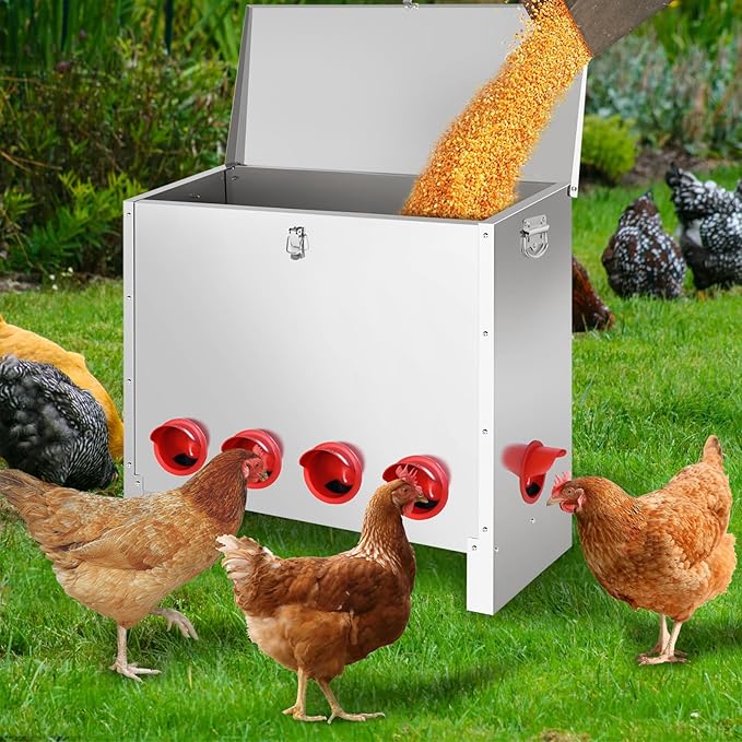 Metal Chicken Feeder 85 lbs Capacity, Galvanized Chicken Feeder with 10 Ports, Waterproof Automatic Poultry Feeder Suitable for Geese, Ducks, Turkeys, Quails