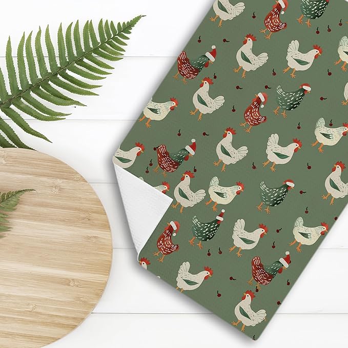Funny Green Christmas Chicken Kitchen Towels,Chicken Gifts Farm Christmas Decorations Hand Towels for Bathroom,16x24 Inch