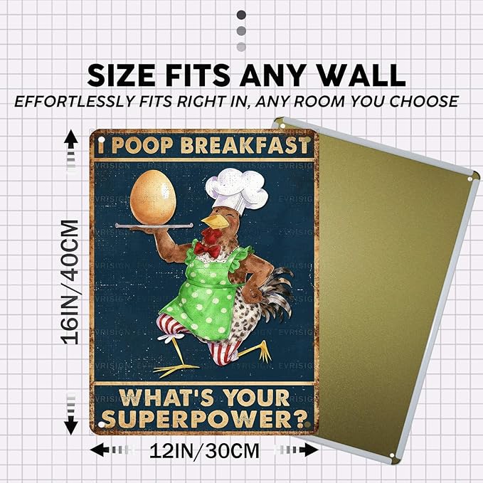 Vintage Chicken Tin Sign I Poop Breakfast Whats Your Superpower Retro Kitchen Metal Sign Funny Nostalgic Wall Decor For Home Poultry House Coop Farmhouse Cafe Bathroom 16 * 12In