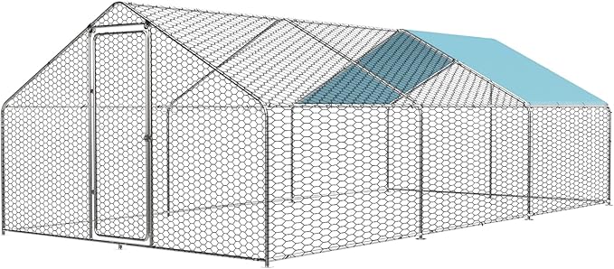 ROOMTEC 1.25'' Large Metal Chicken Coop for 20 Chickens,Chicken Runs for Yard with Cover Walk-in Poultry Cage Lockable Door Design(9.8'Lx19.6'Wx6.4'H)