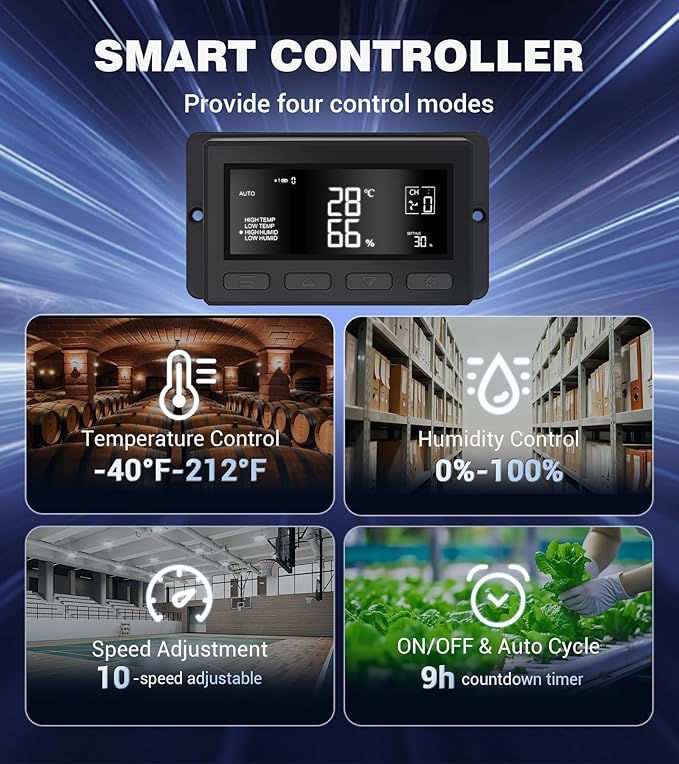 YOZON 12 Inch Attic Fan with Thermostat, Garage Exhaust Fan with Smart Temperature Humidity Controller, EC Motor, 1300 CFM, 10-Speed Adjustable for Chicken Coops, Greenhouses, Workshop Ventilation