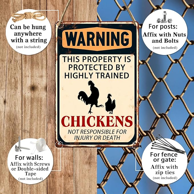 Warning This Property Is Protected By Highly Trained Chickens Metal Tin Sign Funny Farmhouse Security Warning Sign Vintage Metal Wall Decor Novelty Farmhouse Chicken Coop Decor 8x12 Inch