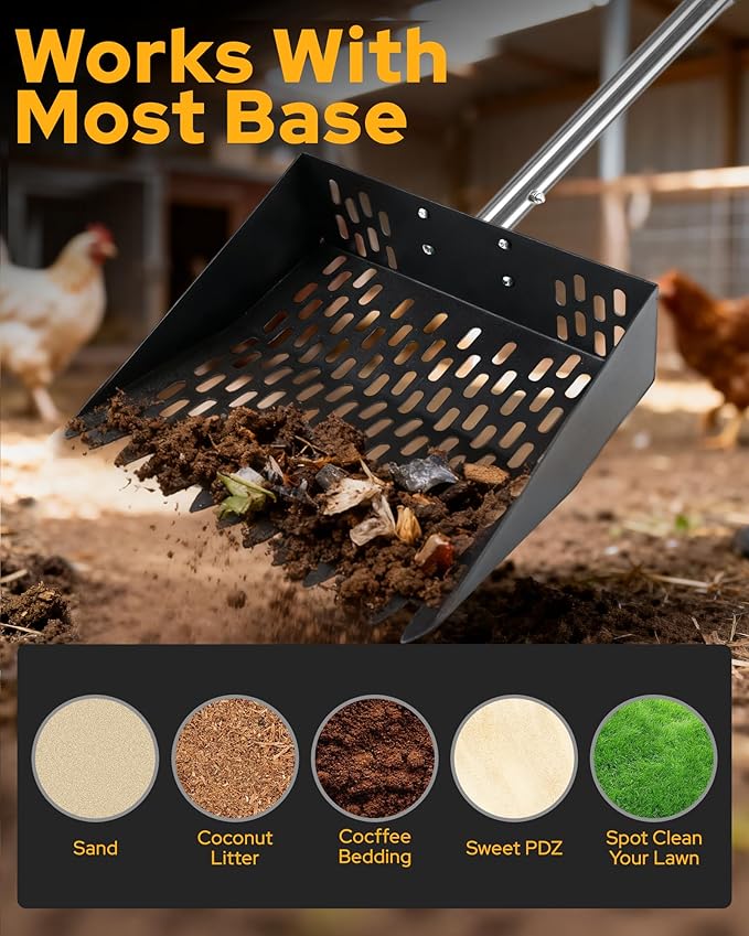 2-in-1 Chicken Poop Scooper & Rake, Ergonomic D-Grip, 31-77" Adjustable Stainless Steel Handle, Sturdy Easy-Clean Shovel for Chicken Coops, Sandy Areas & Most Surfaces
