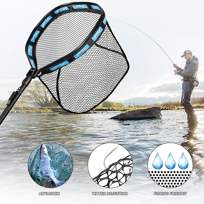 PLUSINNO Fishing Net Fish Floating Landing Net, Kayak Nets with Fixed Foldable Telescopic Pole Handle, Bass Trout Fishing Nets with Nylon Mesh for Pond Lake River, Fishing Gear Gifts for Men Anglers