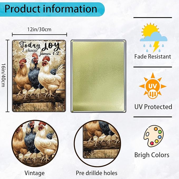 Funny Chicken Farm Animal Tin Sign Retro Metal Wall Decor Vintage Today I Choose Joy Wall Art Poster for Home Outdoor Garden Chicken Coop Farm Decor Gift 16x12 Inch