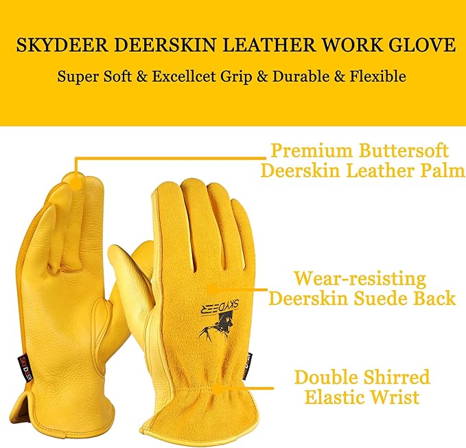 SKYDEER Full Grain Deerskin Leather Gloves for Men and Women, Extra Soft and Hands Protection, 3D Ergonomic Design (SD2210)