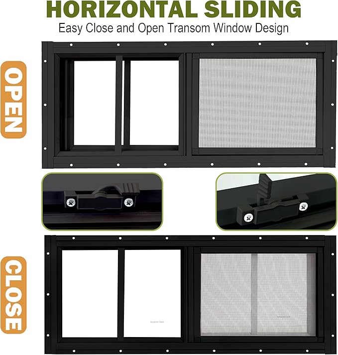 2 Pack Shed Windows, 10"x 23" Black Sliding Window Suitable for Chicken Coop, shed, Household, Barn - Transom Window with Tempered Glass and Fiberglass Screen (BK,10''x 23'')