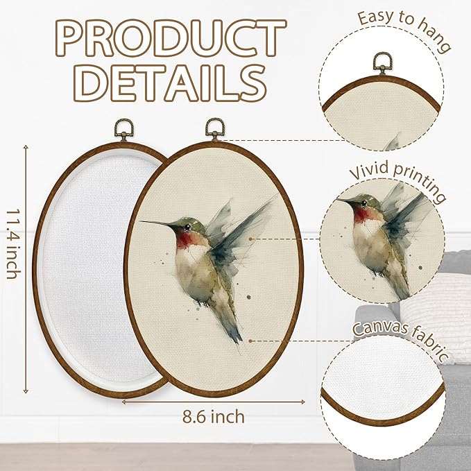 WULQYING Vintage Hummingbird Wall Art Decor, Rustic Farmhouse Bird Oval Framed Canvas Art Prints, Neutral Cottagecore Hummingbird Bird Wall Hanging Decor for Home Bedroom Living Room, 8.6x11.4 Inches