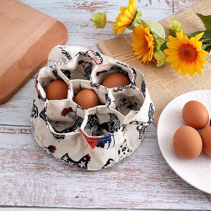 1 Pc Egg Collection Basket, Farmhouse Chicken Egg Holder with 7 Bags, Handheld Egg Purse Egg Basket for Collecting Fresh Eggs, Housewife Garden Transport Storage(Beige Chicken)