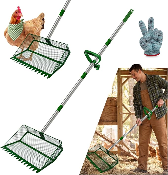 2-in-1 Chicken Coop Scooper: Extra Large 12” Poop Scooper & Rake with Adjustable Handle (37”-65”) | Heavy-Duty Metal Shovel for Quick Pet Waste, Rabbit, Guinea Pig, Barn Cleaning | US Patent Pending