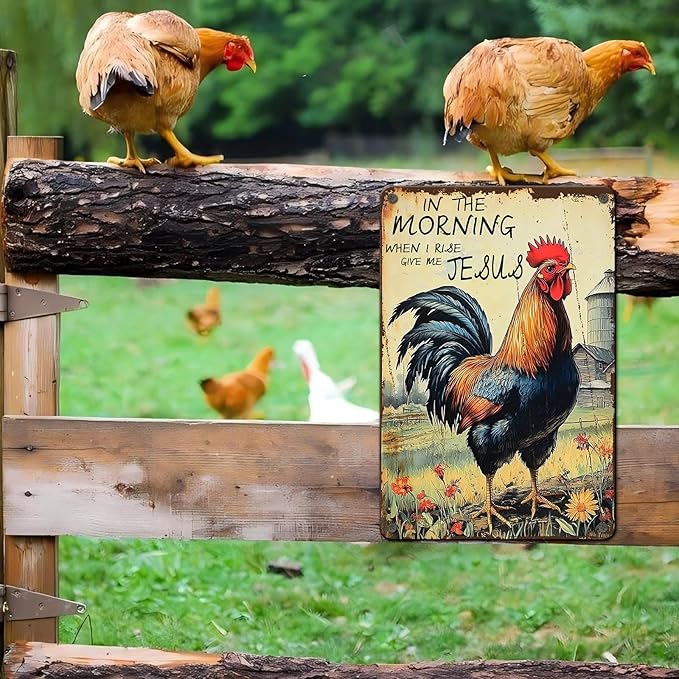 PEACHGARDEN Rooster Decor Chicken Coop Metal Sign Rooster Crowing - In The Morning When I Rise Give Me - Farmhouse Wall Art Decor for Garden Kitchen Yard Farm 8X12inch