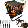 GardenHOME 7-Piece Garden Tool Set – Stainless Steel Tools with Folding Stool & Tote Bag, Black and Orange, Practical Kit for Men and DIY Yard Work