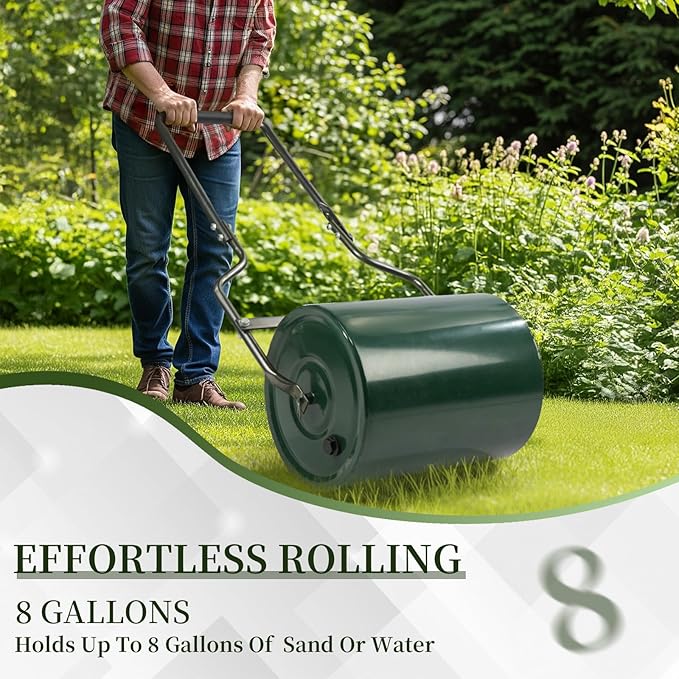 16in Heavy Duty Steel Lawn Roller,Manual Hand Lawns Roller,Water or Sand Filled Garden Rollers,Push/Tow-Behind Yard Rollers,with U-Shaped Handle,for Garden Yard Park Backyard Farm (Green & Black)