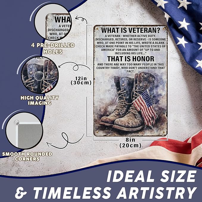 PEACHGARDEN Military Decor Army Patriotic Metal Sign Wall Decor What is A Veteran Metal Tin Sign Poster Military Memorabilia for Veterans Army Soldier Patriots 8x12inch