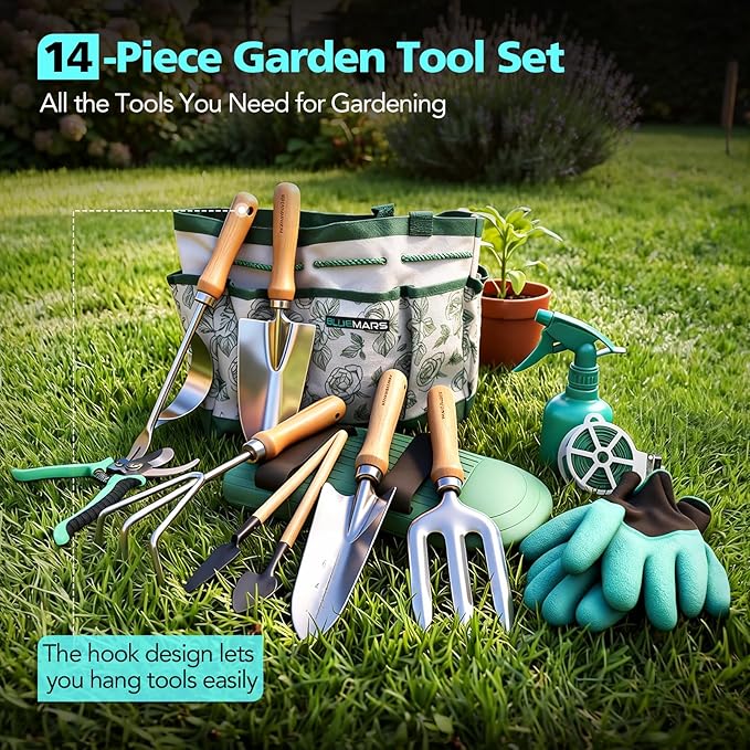 Bluemars Gardening Hand Tool Kit 14PCS Heavy Duty Stainless Steel Garden Tool Set with Floral Garden Tote -Outdoor Gardening Transplanting Gifts for Woman