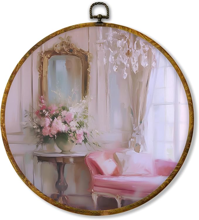 shiviody French Girls Room Canvas Wall Art Decor, Coquette Preppy Trendy Wall Art Decor, Rococo Style Girly Round Hanging Frame Prints Decorations for Girls Room Dorm Bedroom 10"x10"
