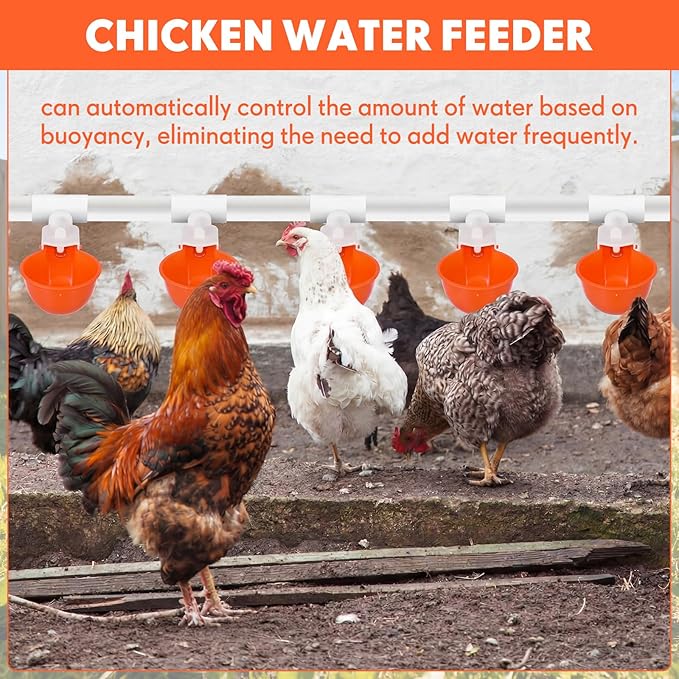 LemonRoad 30 Set Automatic Chicken Waterer Cups with 1/2" PVC Tee Fitting Chicken Drinking Bowl, Poultry Drinker Mounting Hole Opener,Water Dispenser Feeder for Duck, Goose, Turkey, Pigeon(Orange)