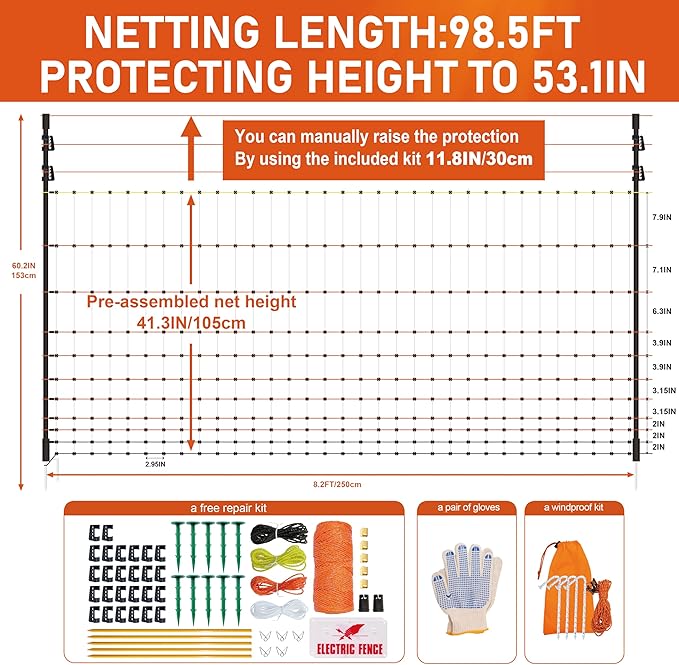 Poultry Electric Netting Fence - 41.3''H (can be Manually Raised to 53.1''H) x 98.5'L for Flying Chicken, Sheep, Goats in Farms, Ranches and Gardens, PK2