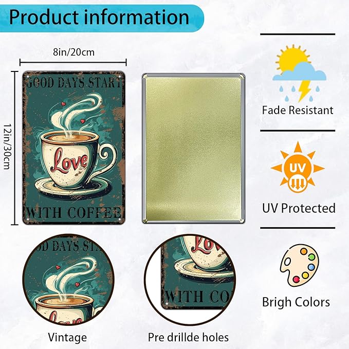 Funny Coffee Metal Tin Signs Good Days Start With Coffee Vintage Wall Decoration Poster For Home Kitchen 12x8 Inch