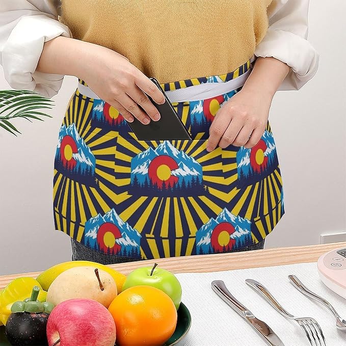 Short Aprons for Servers Unisex Chef Works Waitress Apron with 3 Pockets